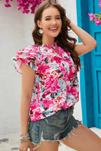 Rose Ruffle Flutter Sleeve Floral Blouse - Fashionfitz