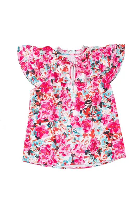 Rose ruffle flutter sleeve floral print blouse - blouses & shirts