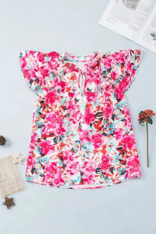 Rose Ruffle Flutter Sleeve Floral Blouse - Fashionfitz