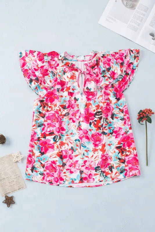 Rose ruffle flutter sleeve floral print blouse - blouses & shirts