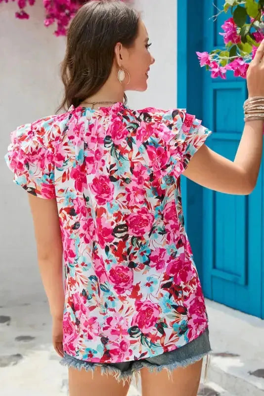 Rose Ruffle Flutter Sleeve Floral Blouse - Fashionfitz