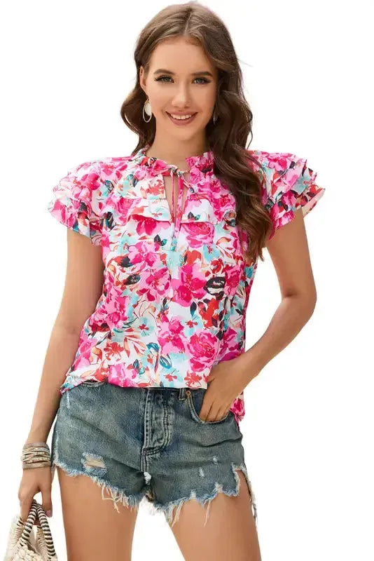 Rose Ruffle Flutter Sleeve Floral Blouse - Fashionfitz