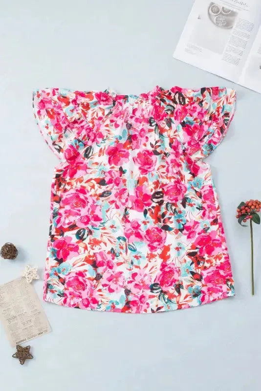 Rose Ruffle Flutter Sleeve Floral Blouse - Fashionfitz