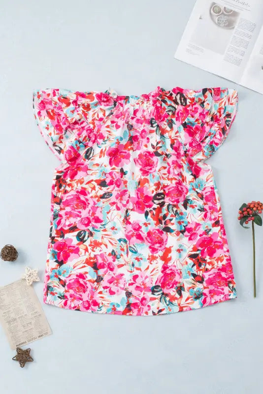 Rose ruffle flutter sleeve floral print blouse - blouses & shirts