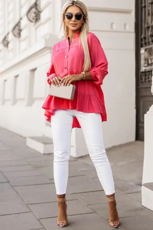 Rose half buttoned ruffle tiered long sleeve blouse - blouses & shirts