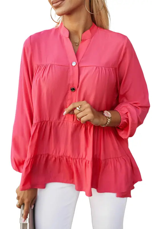 Rose half buttoned ruffle tiered long sleeve blouse - blouses & shirts