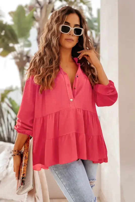 Rose half buttoned ruffle tiered long sleeve blouse - blouses & shirts