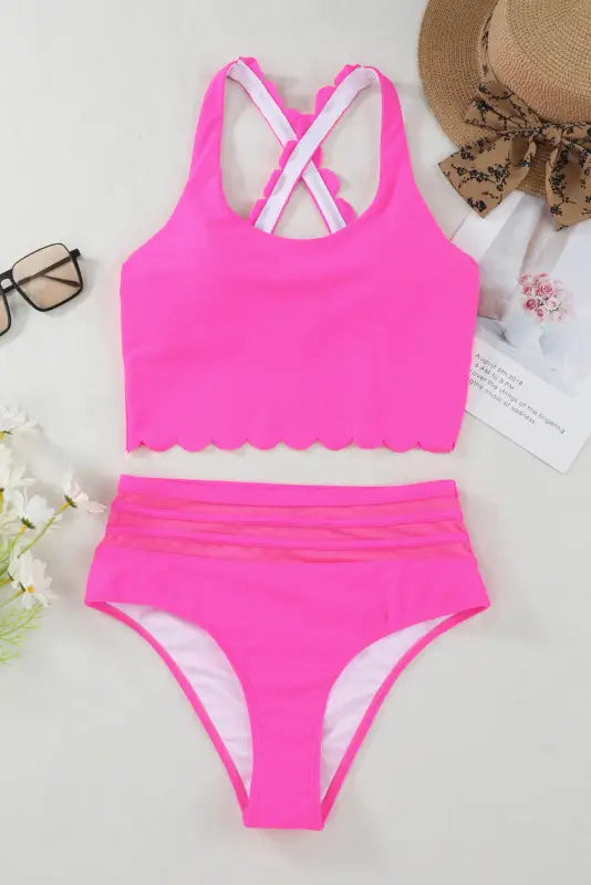 Rose scalloped criss cross high waist bikini - swimsuits