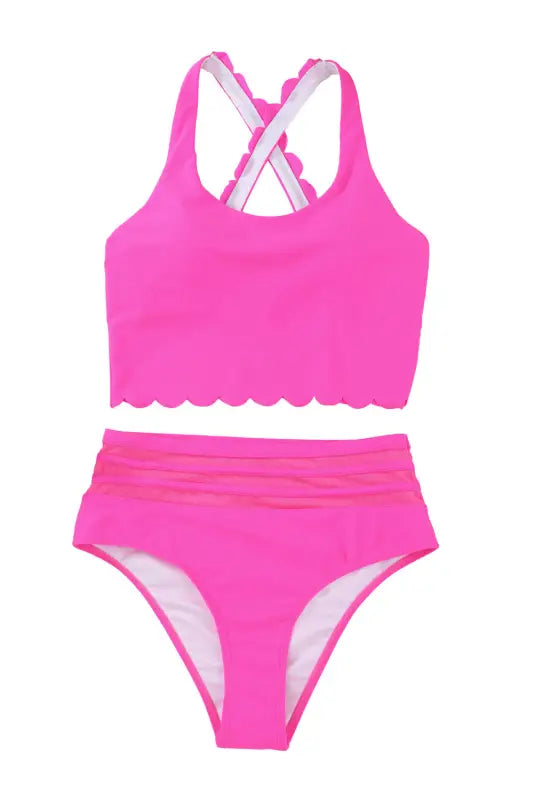 Rose scalloped criss cross high waist bikini - swimsuits