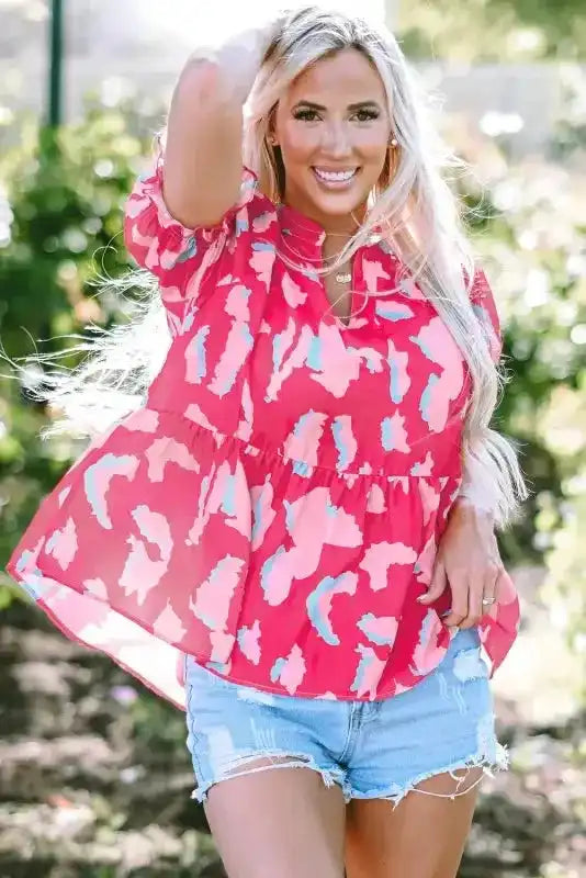 Side view of Smocked Puff Sleeve Split V-Neck Blouse showing split V-neckline and lightweight drape — Fashionfitz