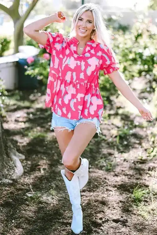 Rose Smocked Puff Sleeve V-Neck Blouse - Fashionfitz
