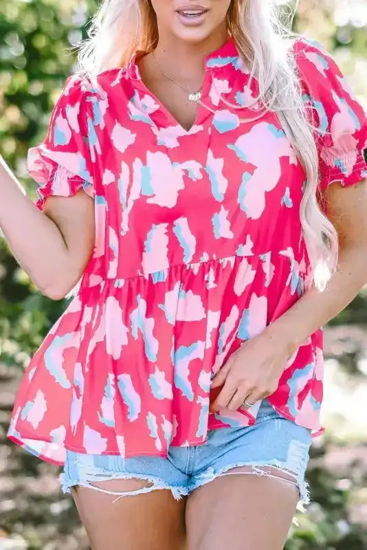 Rose Smocked Puff Sleeve V-Neck Blouse - Fashionfitz