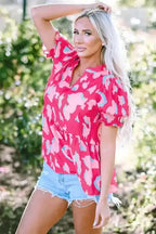 Rose Smocked Puff Sleeve V-Neck Blouse - Fashionfitz