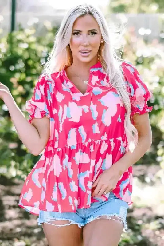 Rose abstract Smocked Puff Sleeve Ruffle Blouse styled as a summer feminine outfit — Fashionfitz