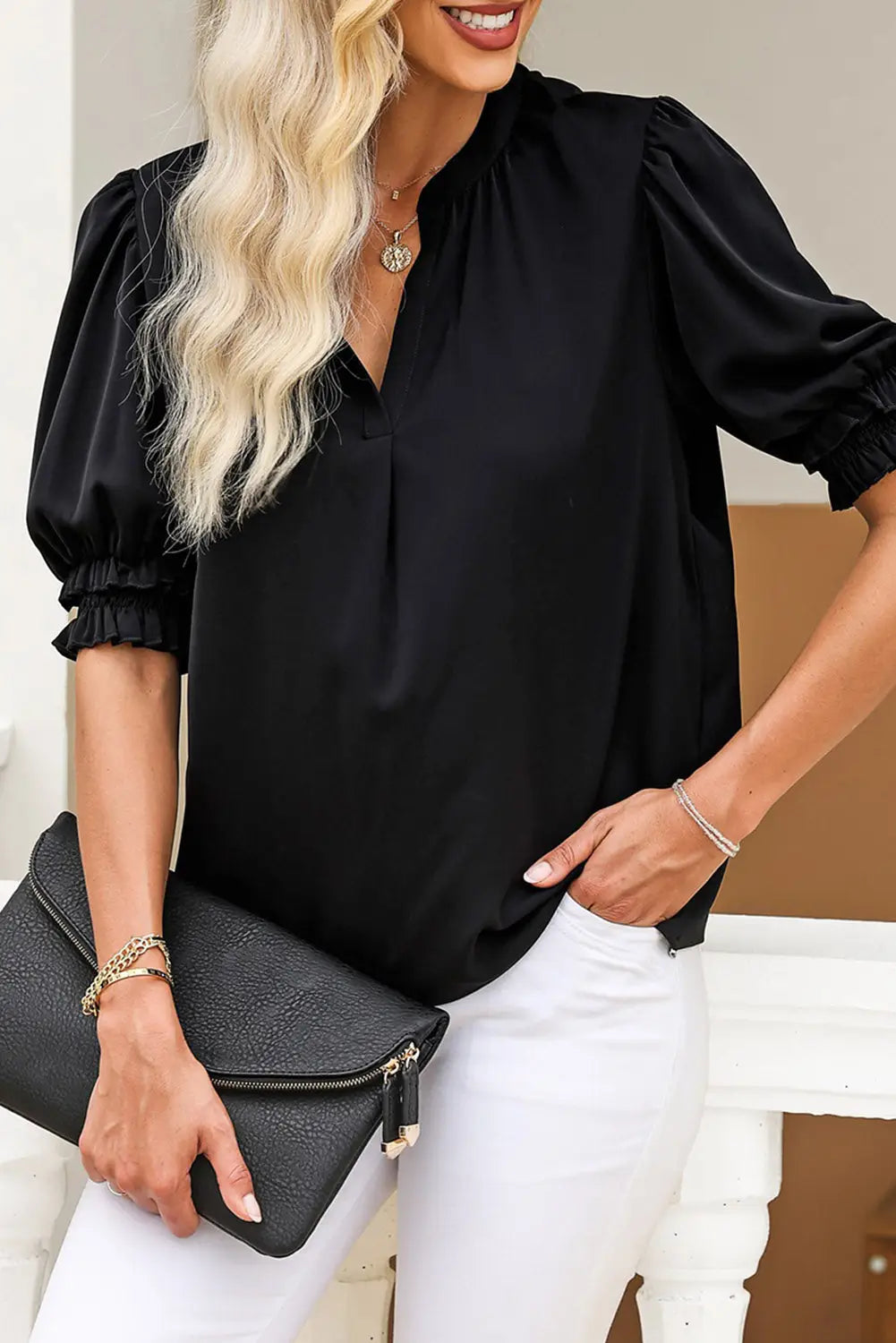 Rose solid color smock sleeve v neck top - black / s / 100% polyester - t-shirts