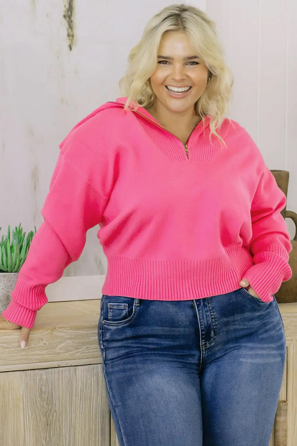 Rose solid ribbed trim plus size zip collar sweater