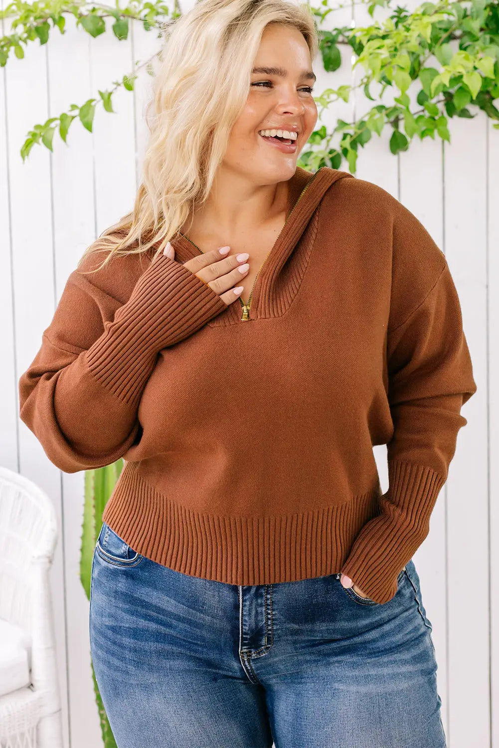 Rose solid ribbed trim plus size zip collar sweater