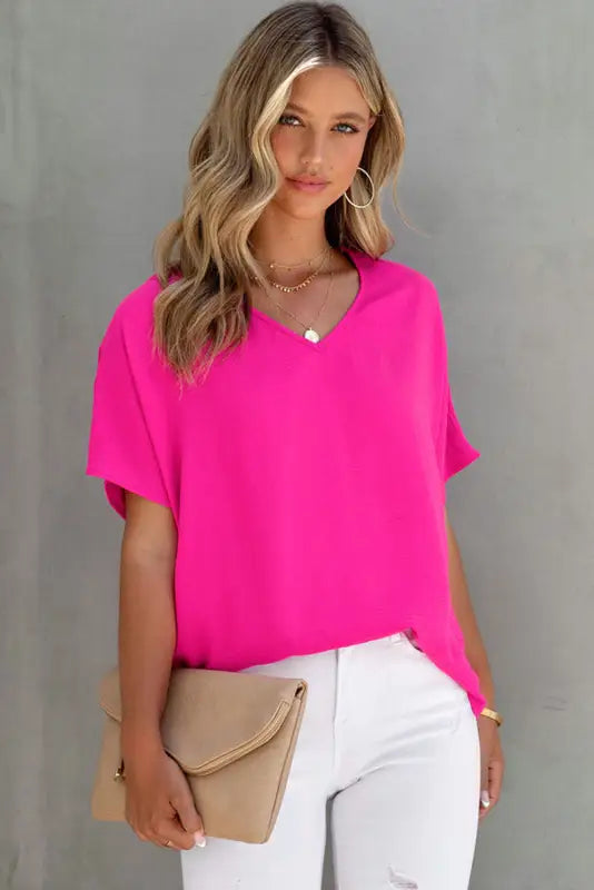 Rose solid v neck short sleeve blouse - tops