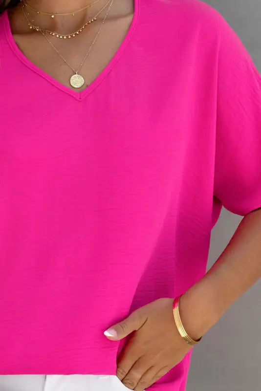 Rose solid v neck short sleeve blouse - tops