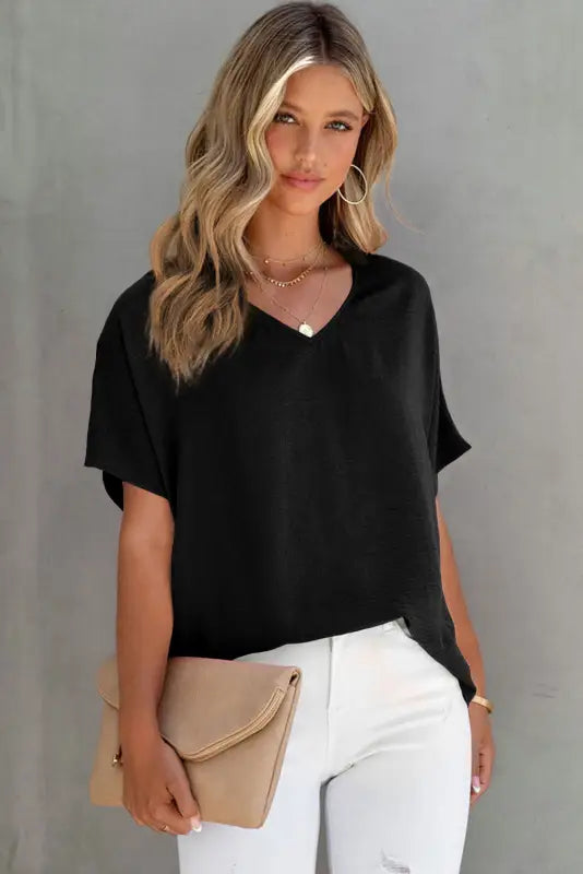 Rose solid v neck short sleeve blouse - tops