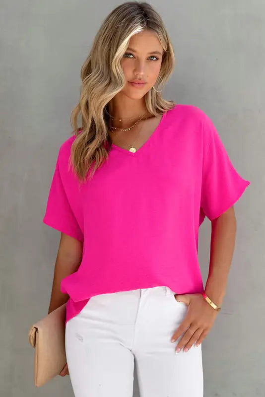 Rose solid v neck short sleeve blouse - tops