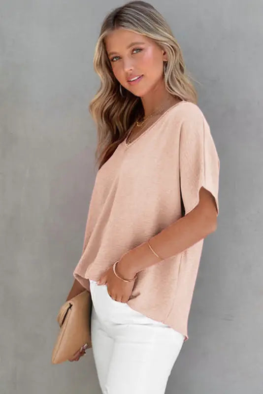 Rose solid v neck short sleeve blouse - tops