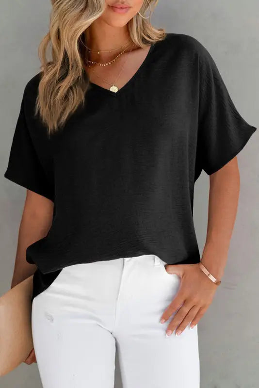 Rose solid v neck short sleeve blouse - black / s / 100% polyester - tops