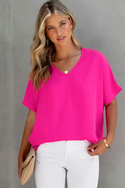 Rose solid v neck short sleeve blouse - tops