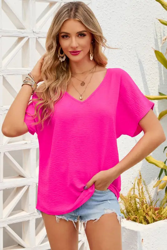 Rose solid v neck short sleeve blouse - tops