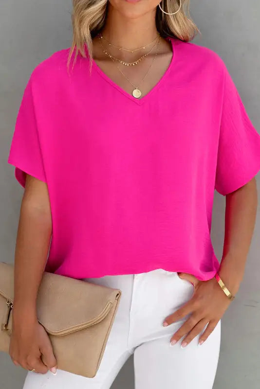 Rose solid v neck short sleeve blouse - tops