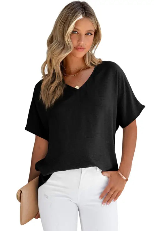 Rose solid v neck short sleeve blouse - tops