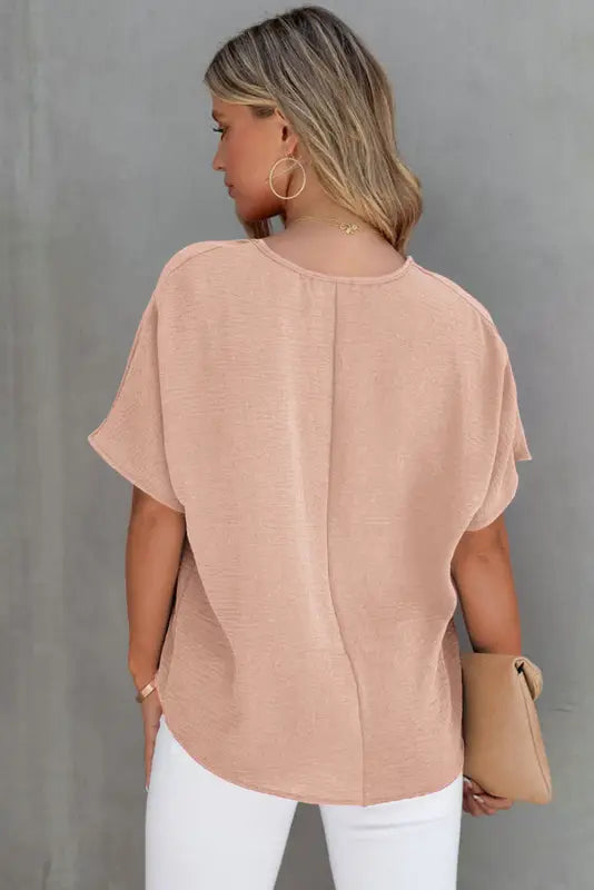 Rose solid v neck short sleeve blouse - tops