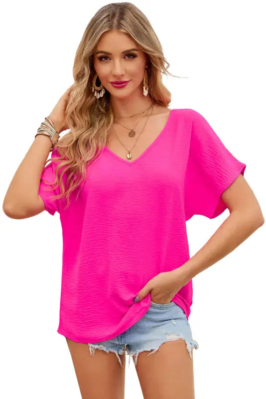 Rose solid v neck short sleeve blouse - tops