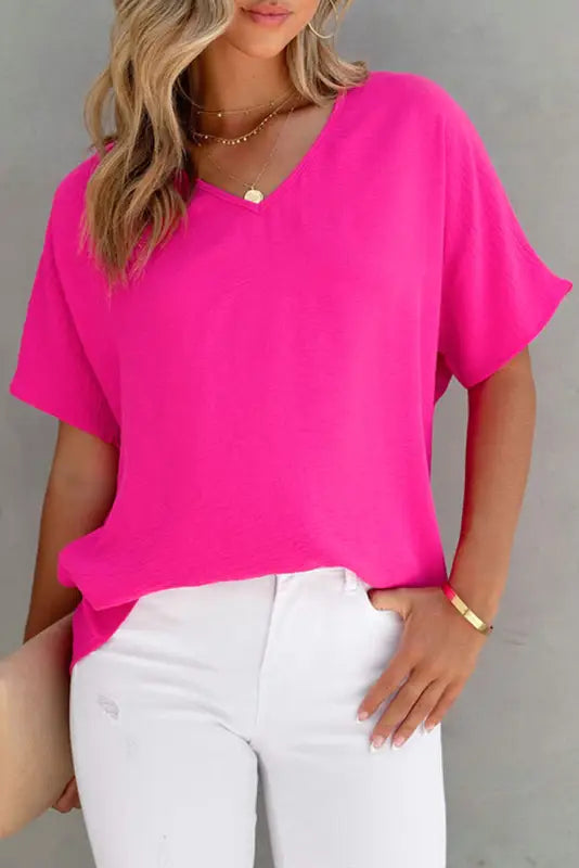 Rose solid v neck short sleeve blouse - tops