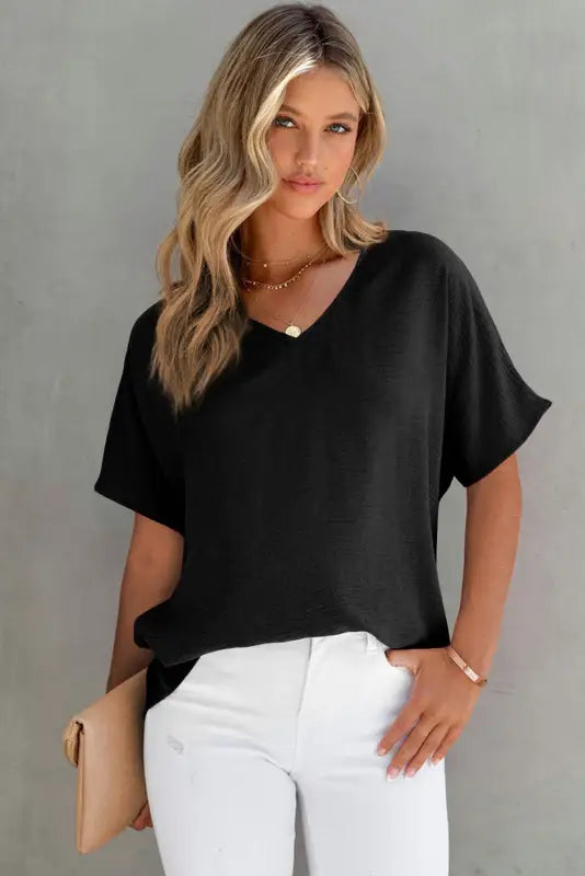 Rose solid v neck short sleeve blouse - tops