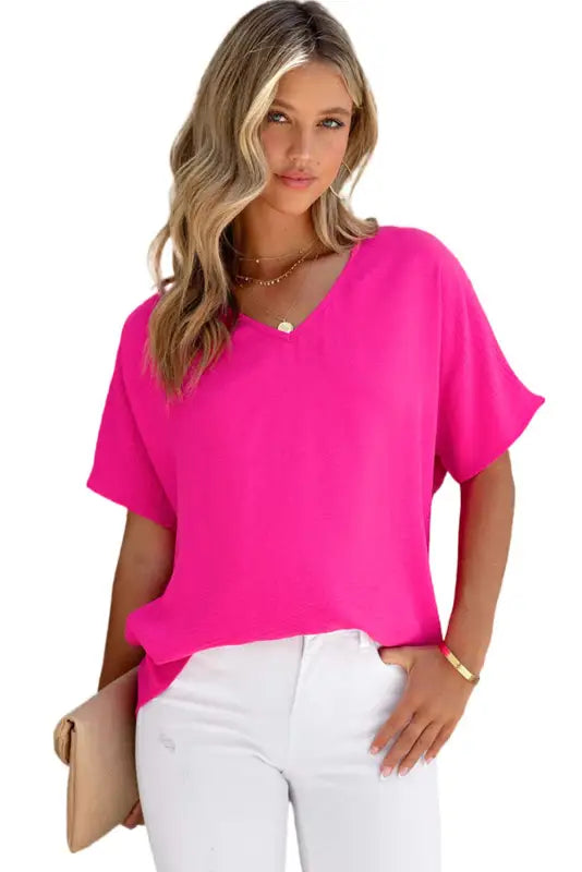 Rose solid v neck short sleeve blouse - tops