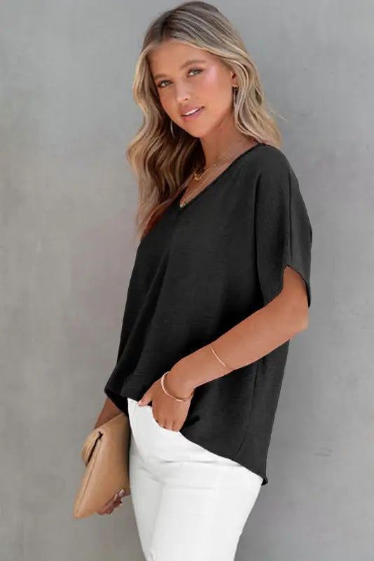 Rose solid v neck short sleeve blouse - tops