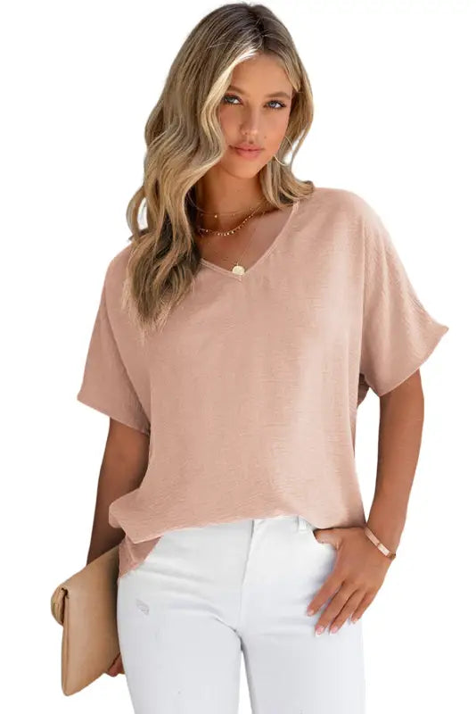 Rose solid v neck short sleeve blouse - tops