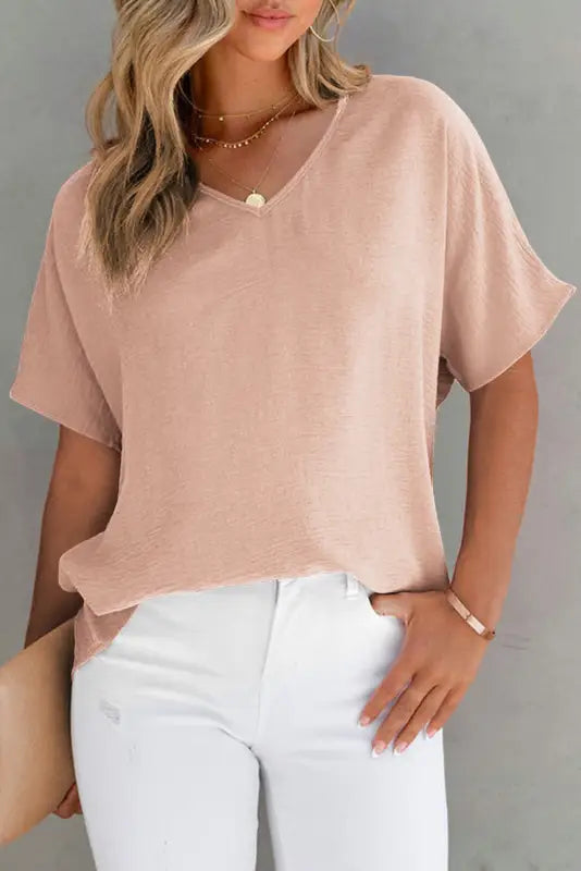 Rose solid v neck short sleeve blouse - tops