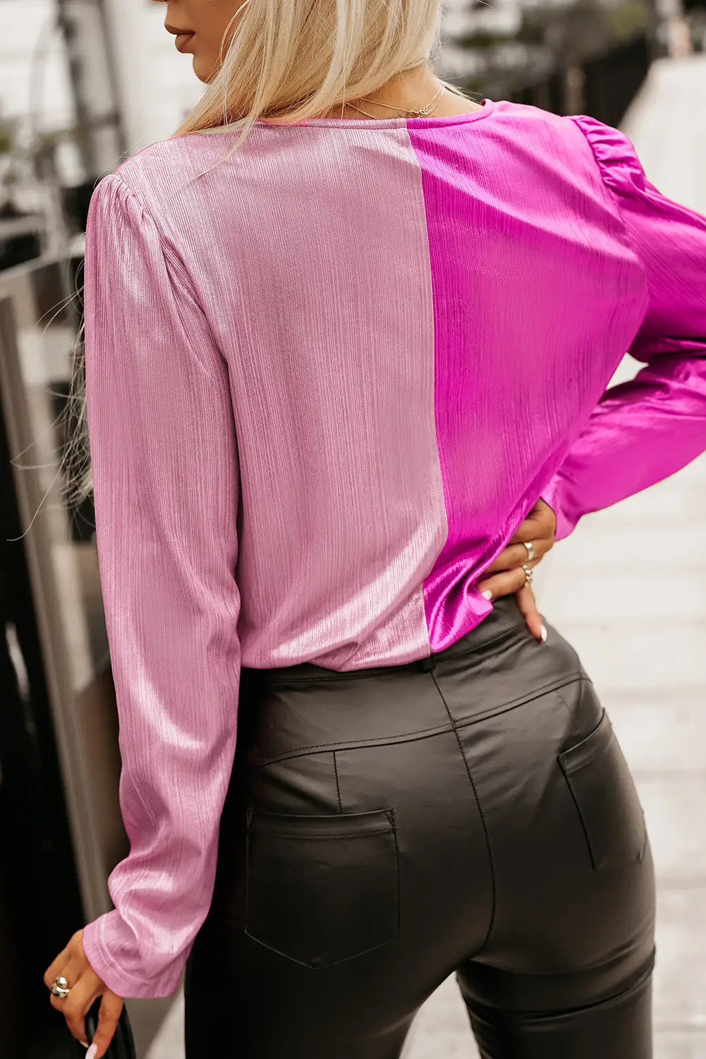 Rose sparkle color block v-neck long sleeve bodysuit - bodysuits