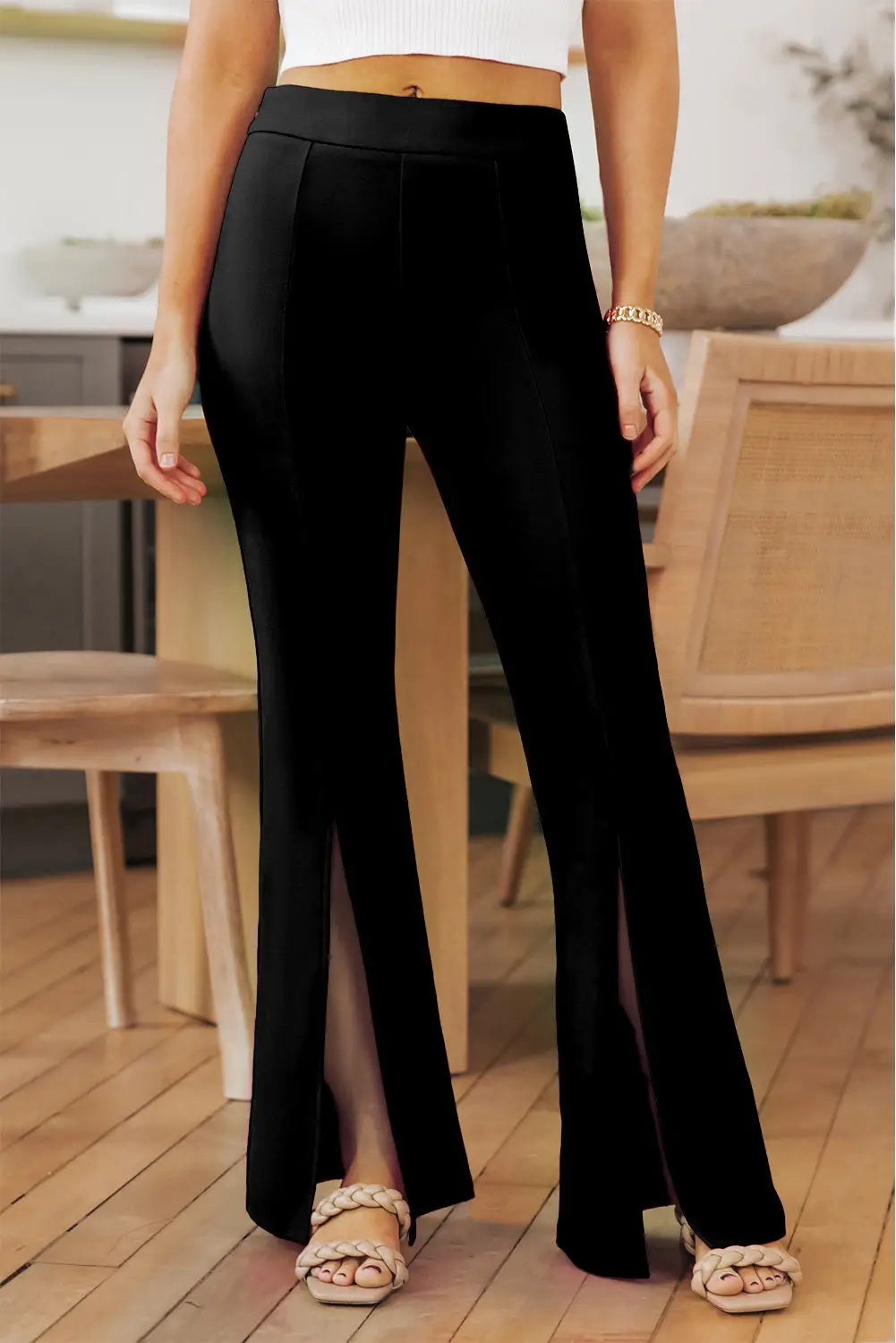 Rose split hem high waist pants - black / s / 95% polyester + 5% elastane - wide leg