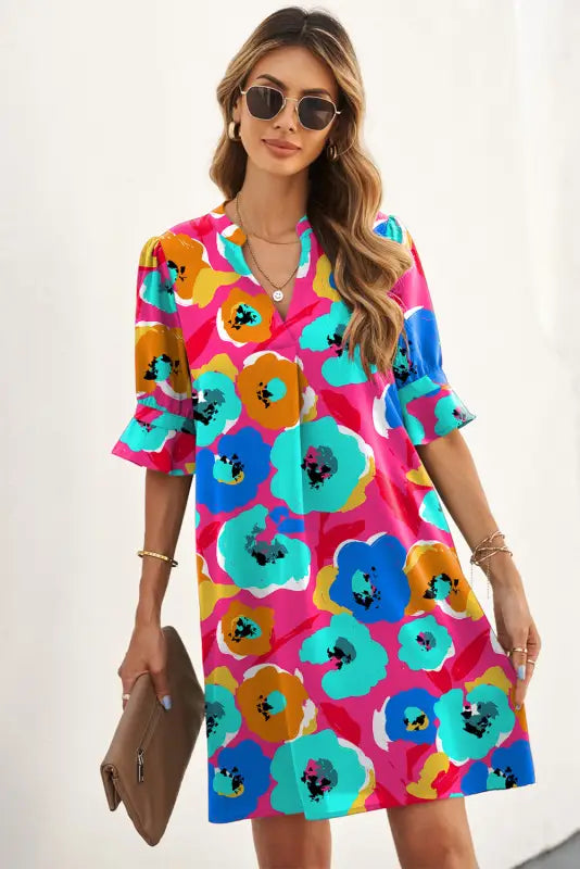 Rose split v collar ruffle sleeve floral shift dress - dresses