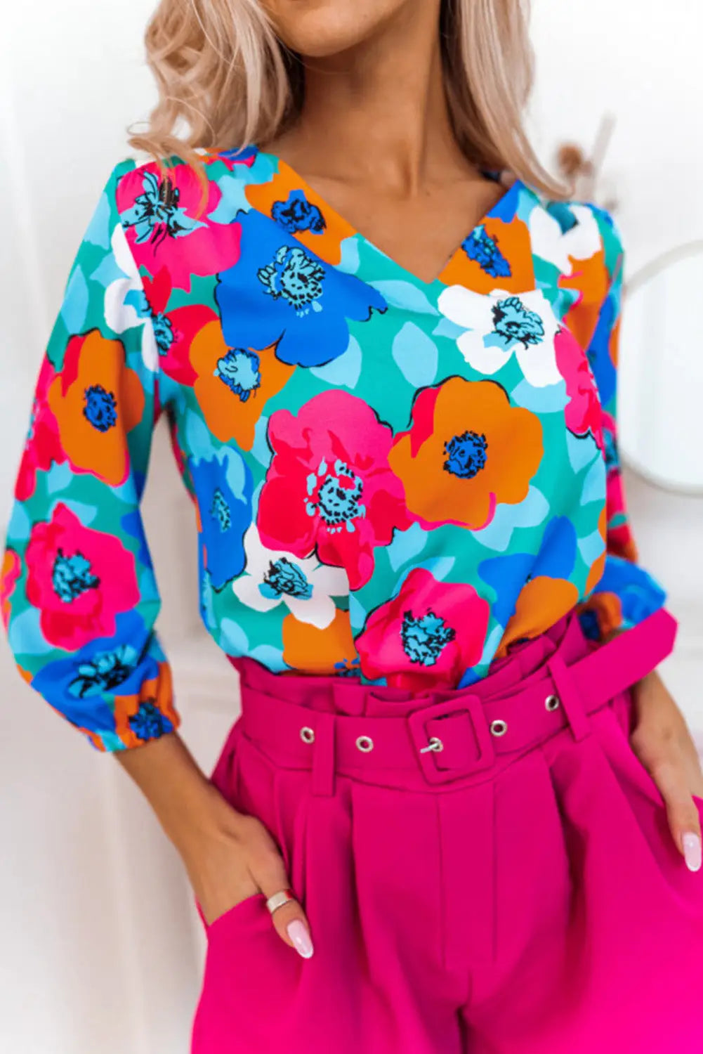 Rose split v collar ruffle sleeve floral shift dress - multicolor1 / s / 100% polyester - dresses