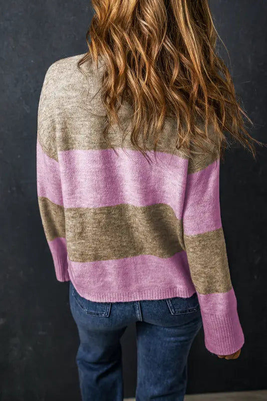 Rose stripe crew neck wide sleeve colorblock sweater - sweaters & cardigans