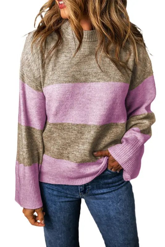 Rose stripe crew neck wide sleeve colorblock sweater - sweaters & cardigans