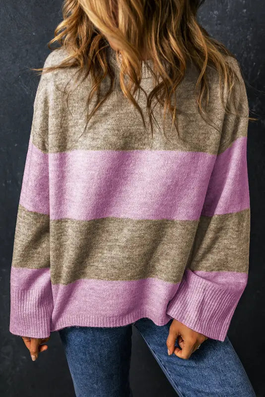 Rose stripe crew neck wide sleeve colorblock sweater - sweaters & cardigans