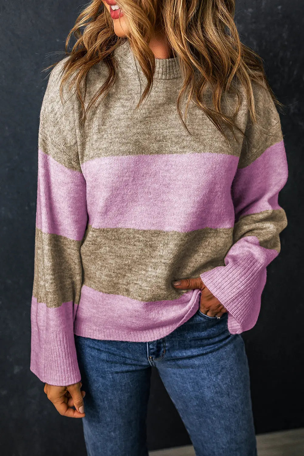 Rose stripe crew neck wide sleeve colorblock sweater - l / 42% acrylic + 30% polyester + 28% polyamide - sweaters &