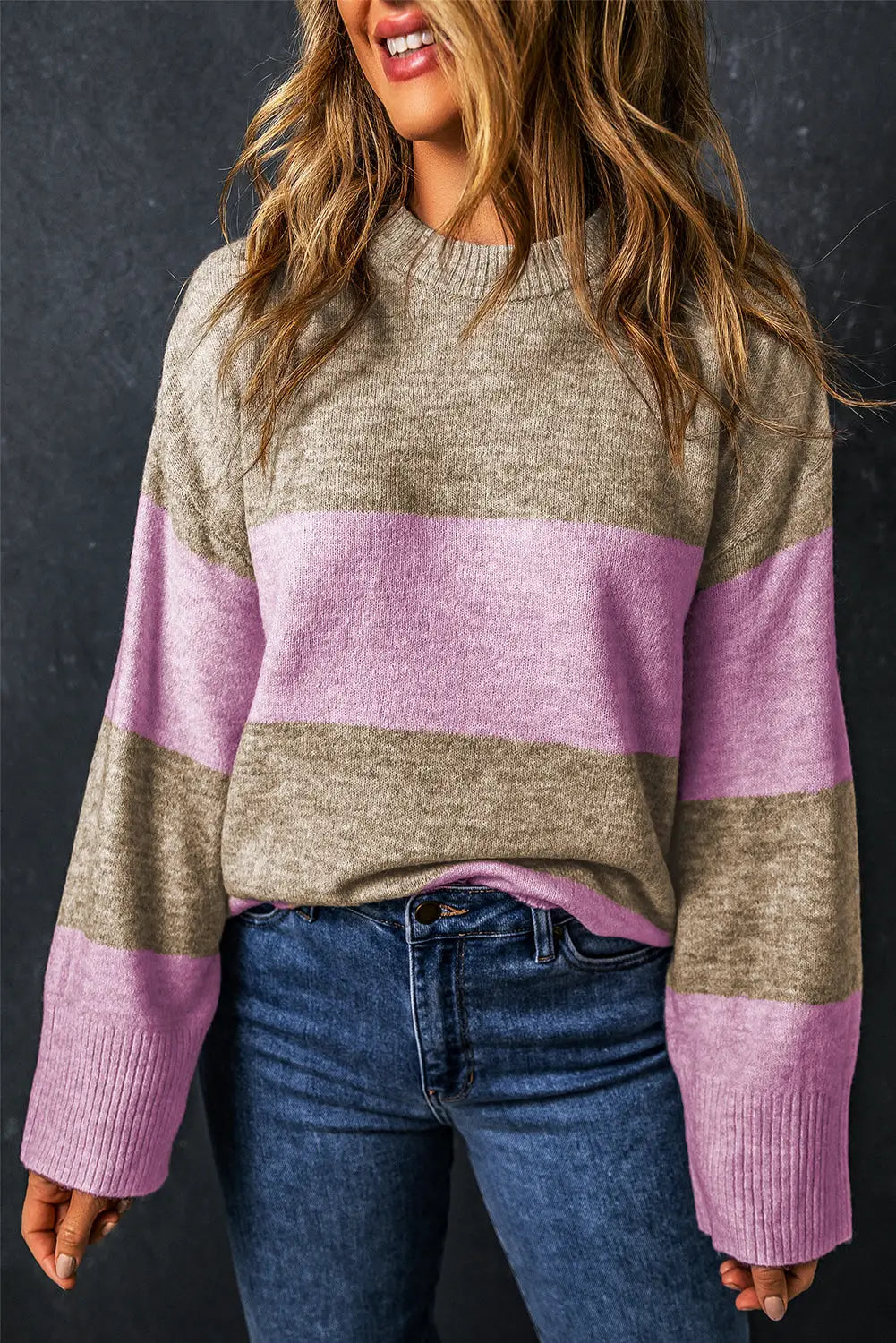 Rose stripe crew neck wide sleeve colorblock sweater - sweaters & cardigans