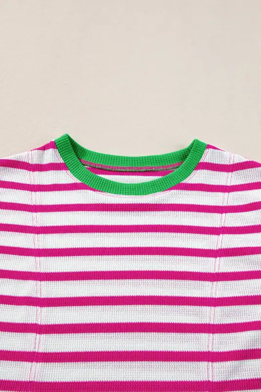 Rose stripe loose top - contrast trim crew neck short sleeve - t-shirts