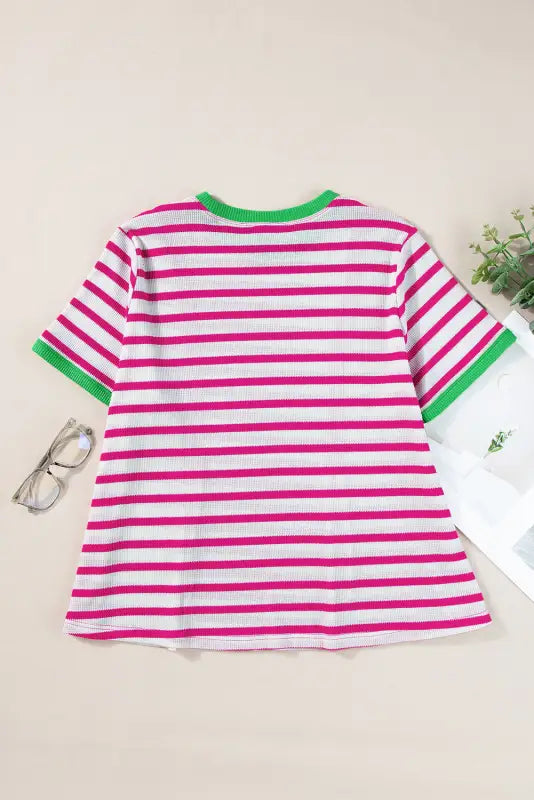 Rose stripe loose top - contrast trim crew neck short sleeve - t-shirts